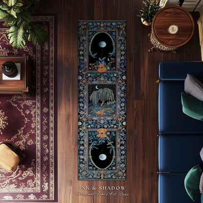 Crescent Moon Medieval Forest Runner Rug | Weeping Willow Tree Fairytale Castle Garden Folklore Decor Whimsical Celestial Art Floor Accent