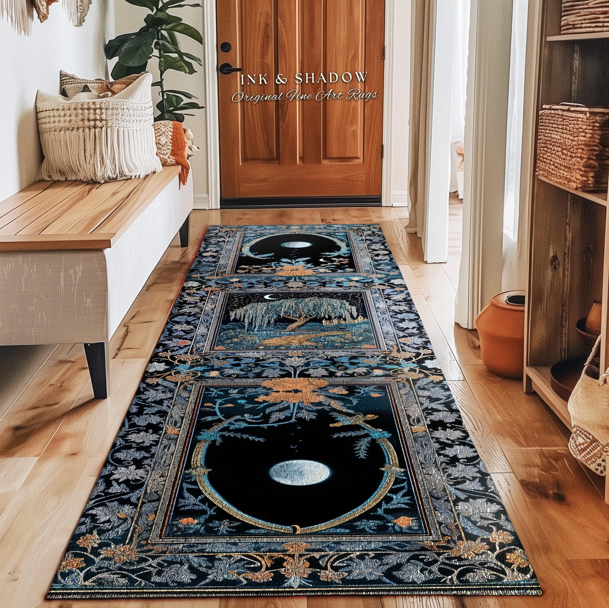 Crescent Moon Medieval Forest Runner Rug | Weeping Willow Tree Fairytale Castle Garden Folklore Decor Whimsical Celestial Art Floor Accent