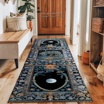 Crescent Moon Medieval Forest Runner Rug | Weeping Willow Tree Fairytale Castle Garden Folklore Decor Whimsical Celestial Art Floor Accent