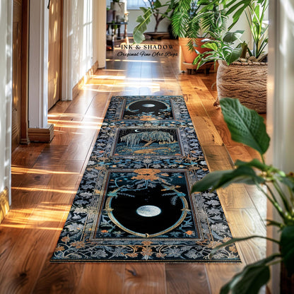 Crescent Moon Medieval Forest Runner Rug | Weeping Willow Tree Fairytale Castle Garden Folklore Decor Whimsical Celestial Art Floor Accent