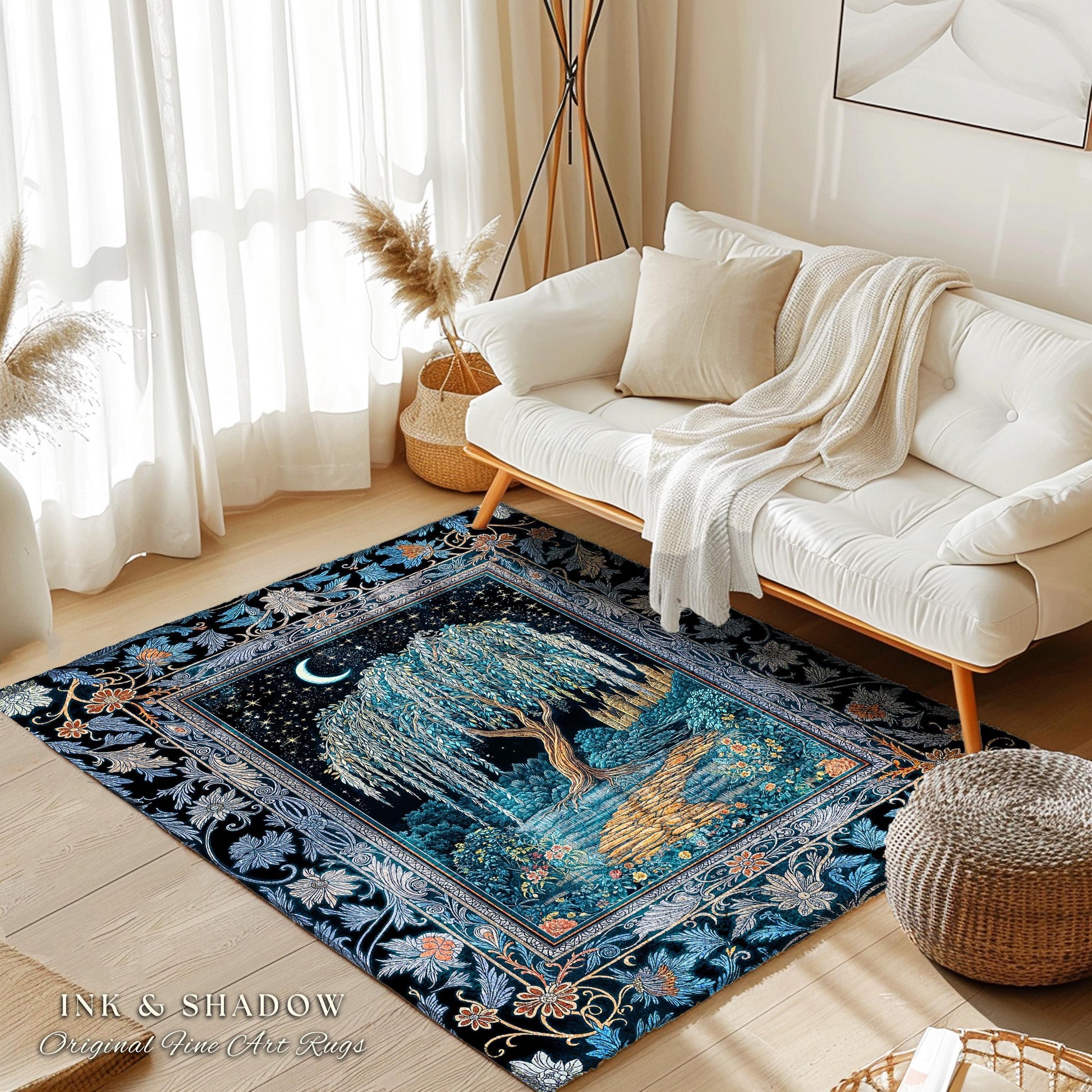Crescent Moon Medieval Forest Runner Rug | Weeping Willow Tree Fairytale Castle Garden Folklore Decor Whimsical Celestial Art Floor Accent