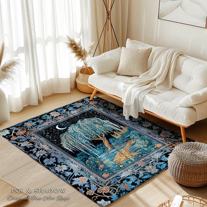 Crescent Moon Medieval Forest Runner Rug | Weeping Willow Tree Fairytale Castle Garden Folklore Decor Whimsical Celestial Art Floor Accent
