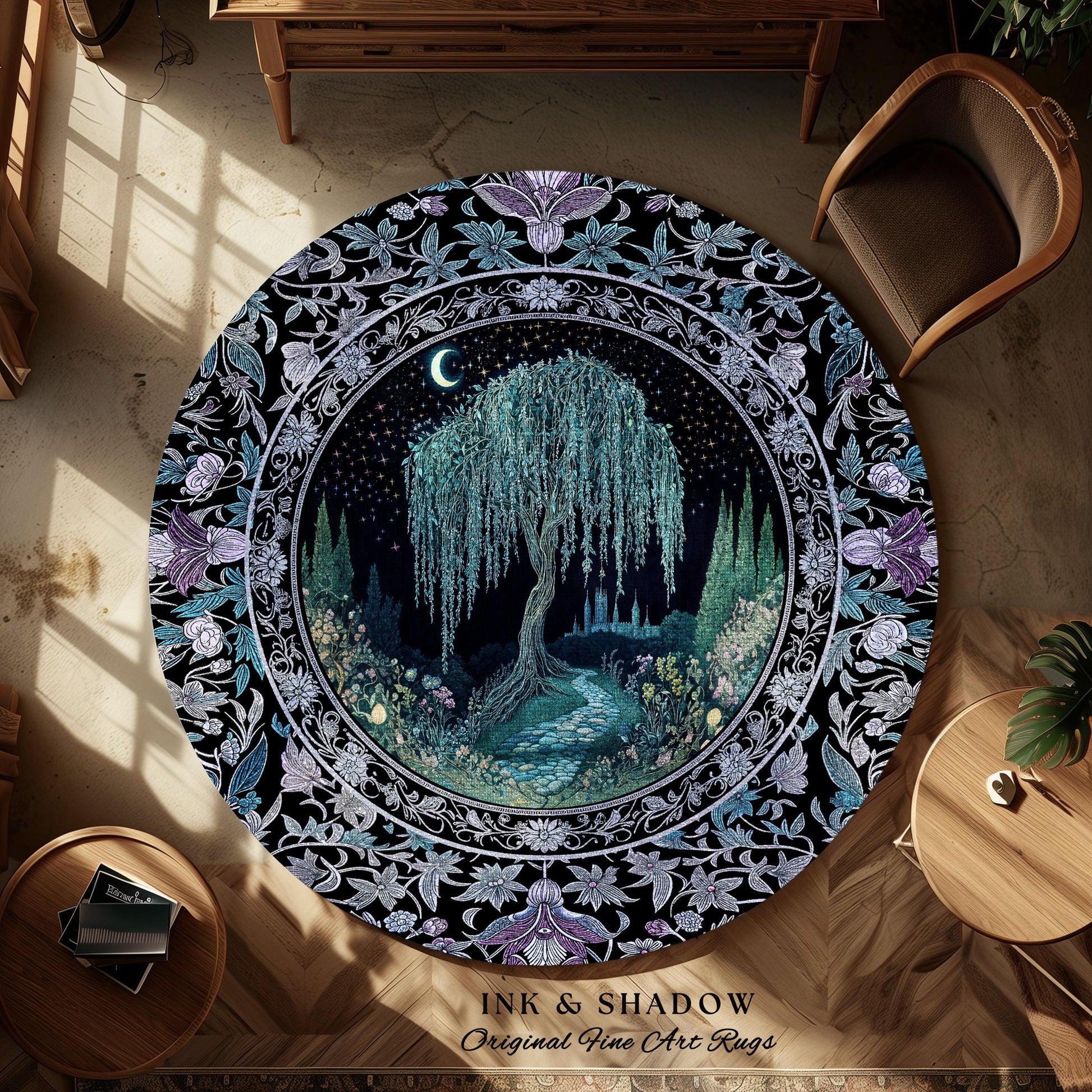 Dreamy Willow Tree Moody Celestial Moon Runner Rug | Enchanted Folklore Storybook Decor Witchy Dark Academia Medieval Style Floor Art Accent