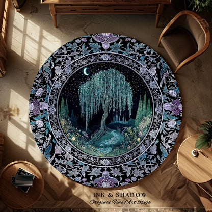 Dreamy Willow Tree Moody Celestial Moon Runner Rug | Enchanted Folklore Storybook Decor Witchy Dark Academia Medieval Style Floor Art Accent