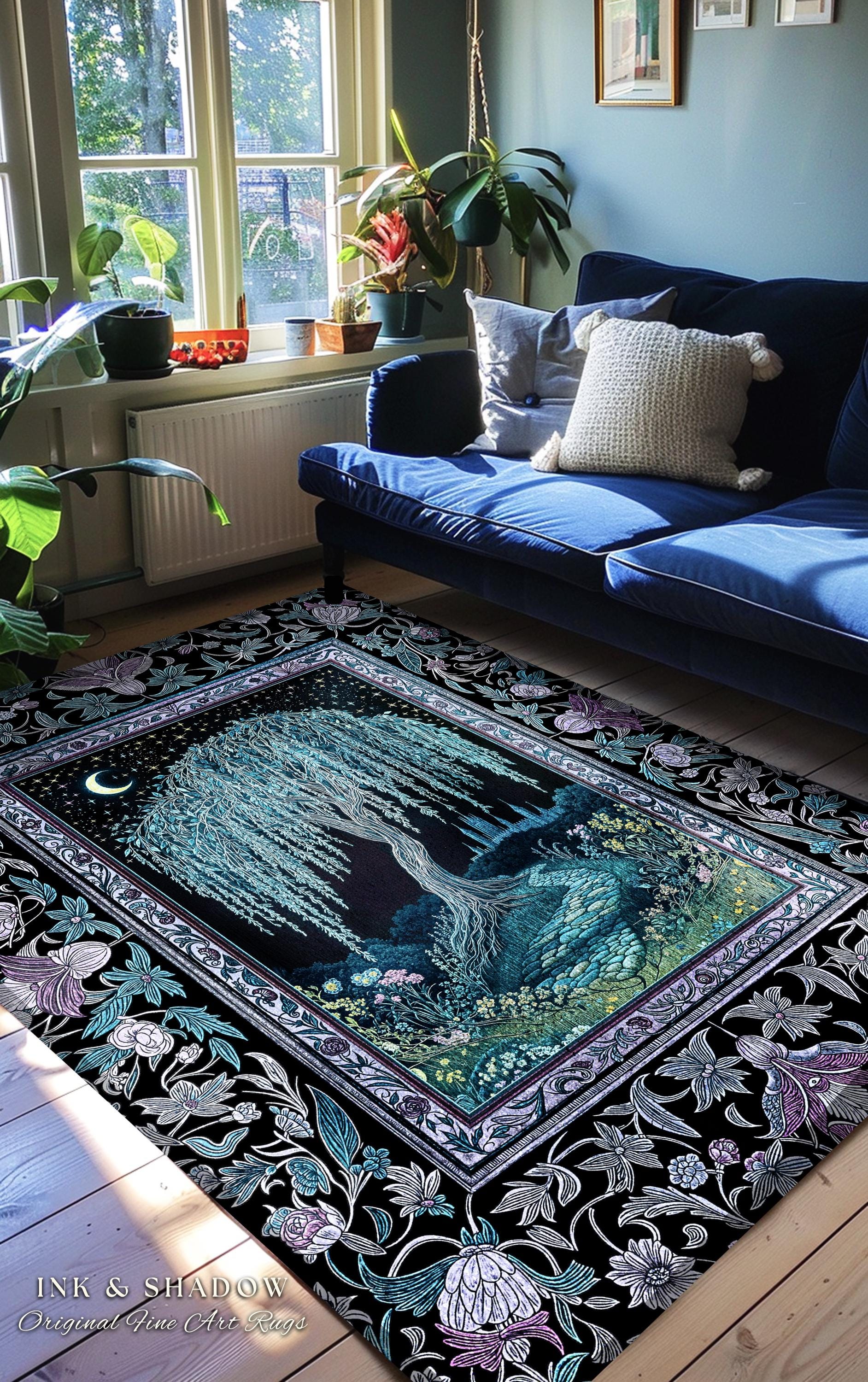 Dreamy Willow Tree Moody Celestial Moon Runner Rug | Enchanted Folklore Storybook Decor Witchy Dark Academia Medieval Style Floor Art Accent