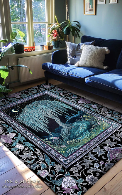 Dreamy Willow Tree Moody Celestial Moon Runner Rug | Enchanted Folklore Storybook Decor Witchy Dark Academia Medieval Style Floor Art Accent