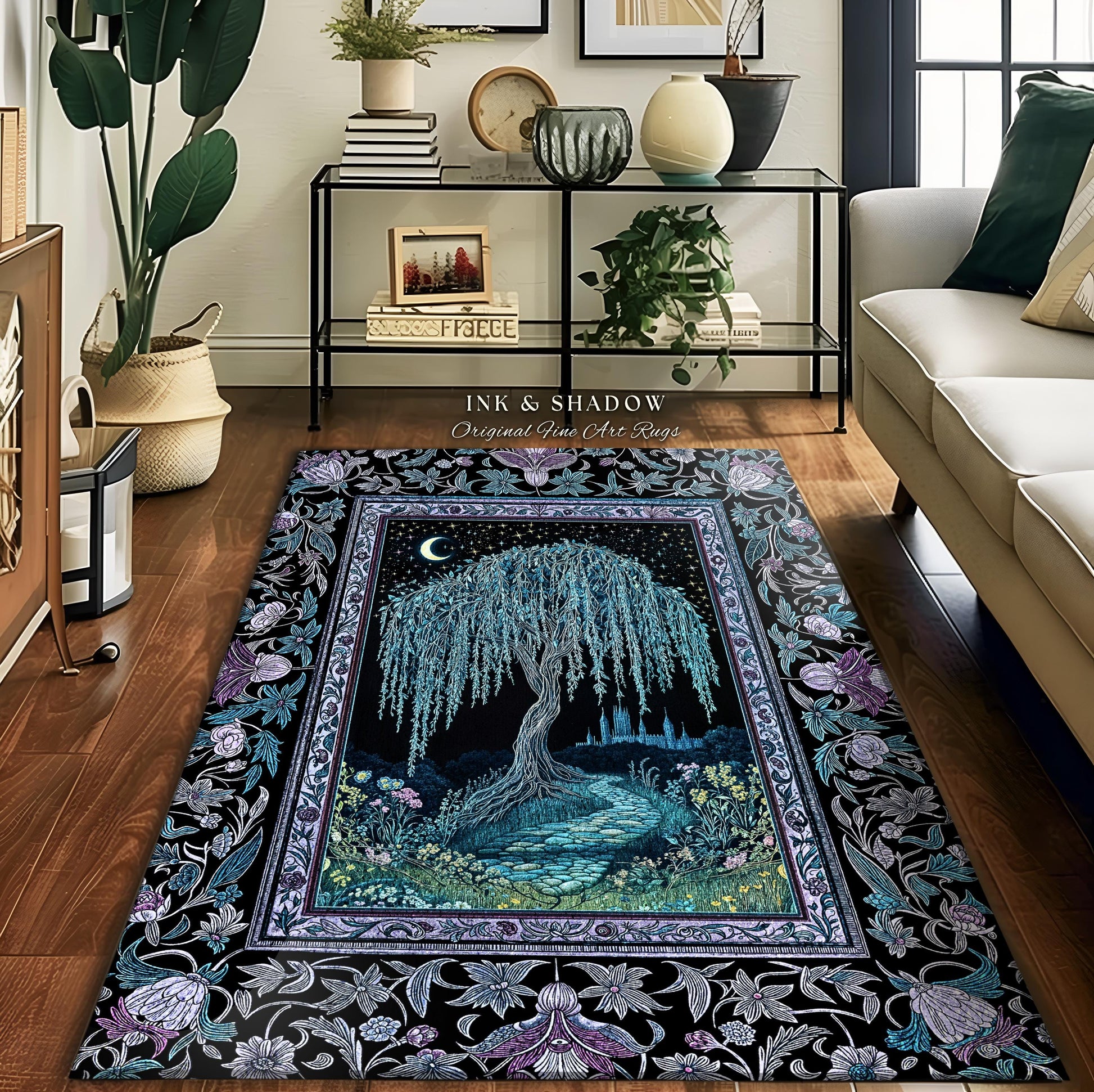Dreamy Willow Tree Moody Celestial Moon Runner Rug | Enchanted Folklore Storybook Decor Witchy Dark Academia Medieval Style Floor Art Accent