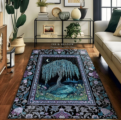 Dreamy Willow Tree Moody Celestial Moon Runner Rug | Enchanted Folklore Storybook Decor Witchy Dark Academia Medieval Style Floor Art Accent