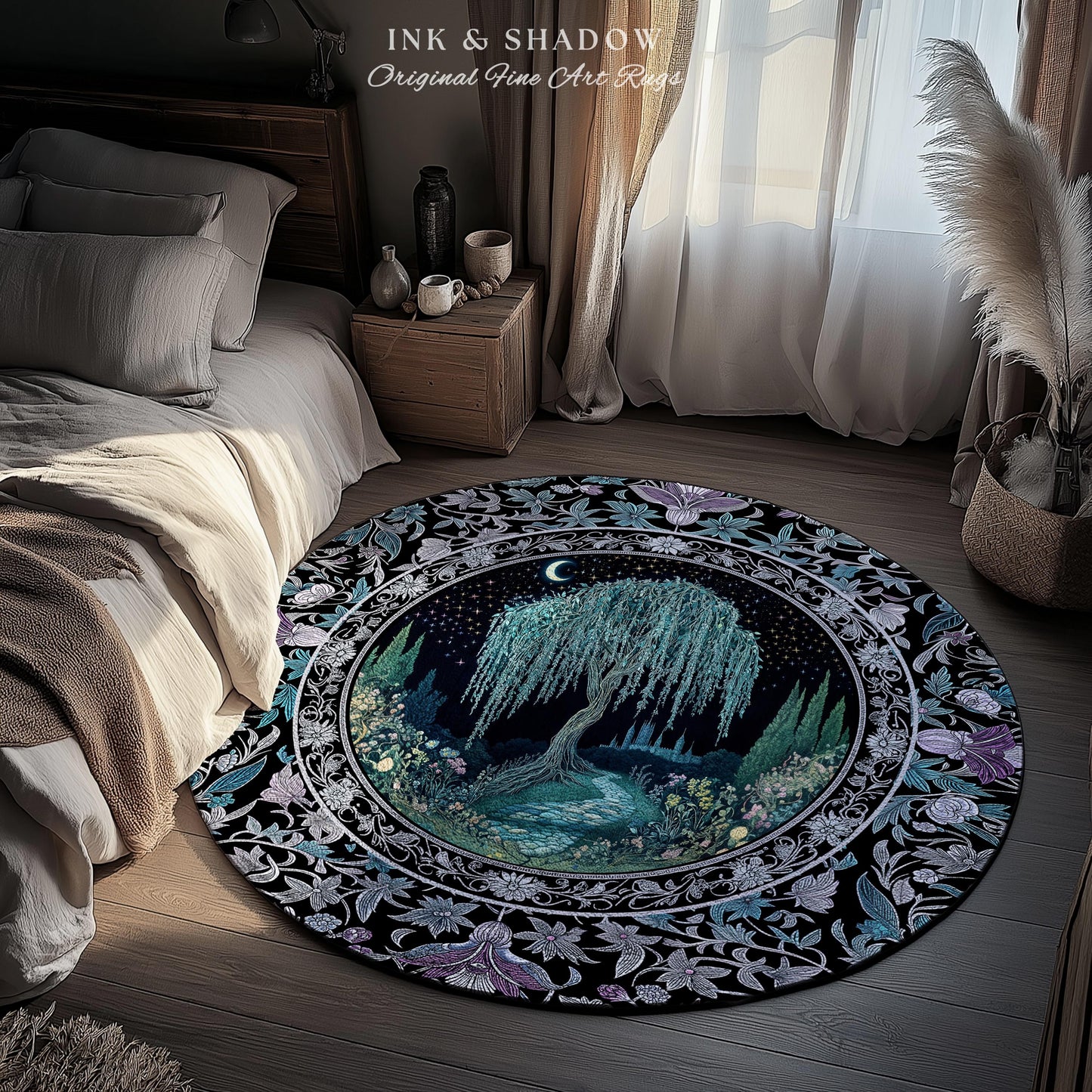 Dreamy Willow Tree Moody Celestial Moon Runner Rug | Enchanted Folklore Storybook Decor Witchy Dark Academia Medieval Style Floor Art Accent