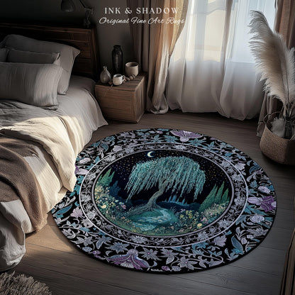 Dreamy Willow Tree Moody Celestial Moon Runner Rug | Enchanted Folklore Storybook Decor Witchy Dark Academia Medieval Style Floor Art Accent