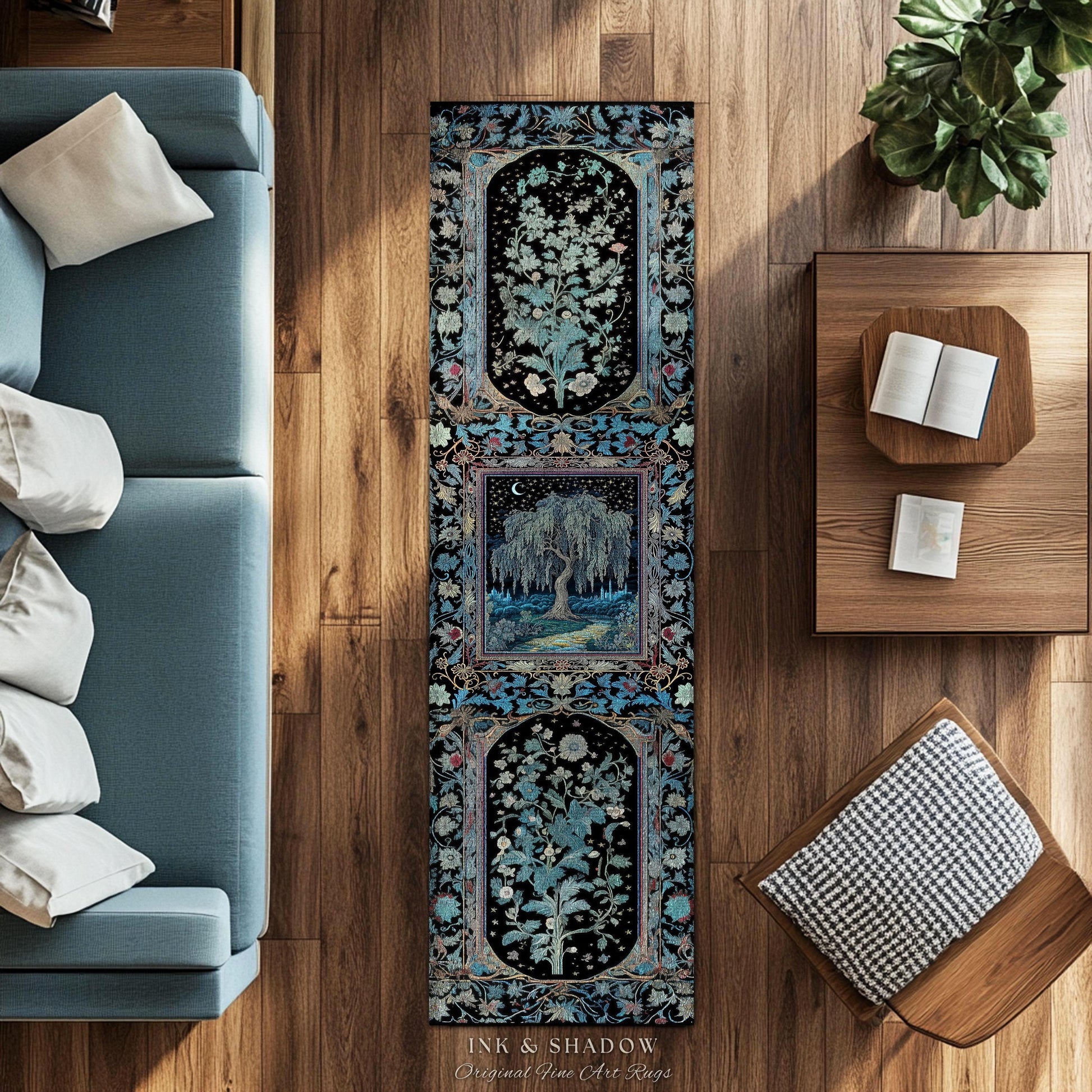 Starry Night Weeping Willow Tree Runner Rug | Woodland Folklore Moonlit Celestial Castle Fairytale Decor Ethereal Witchy Whimsy Floor Accent