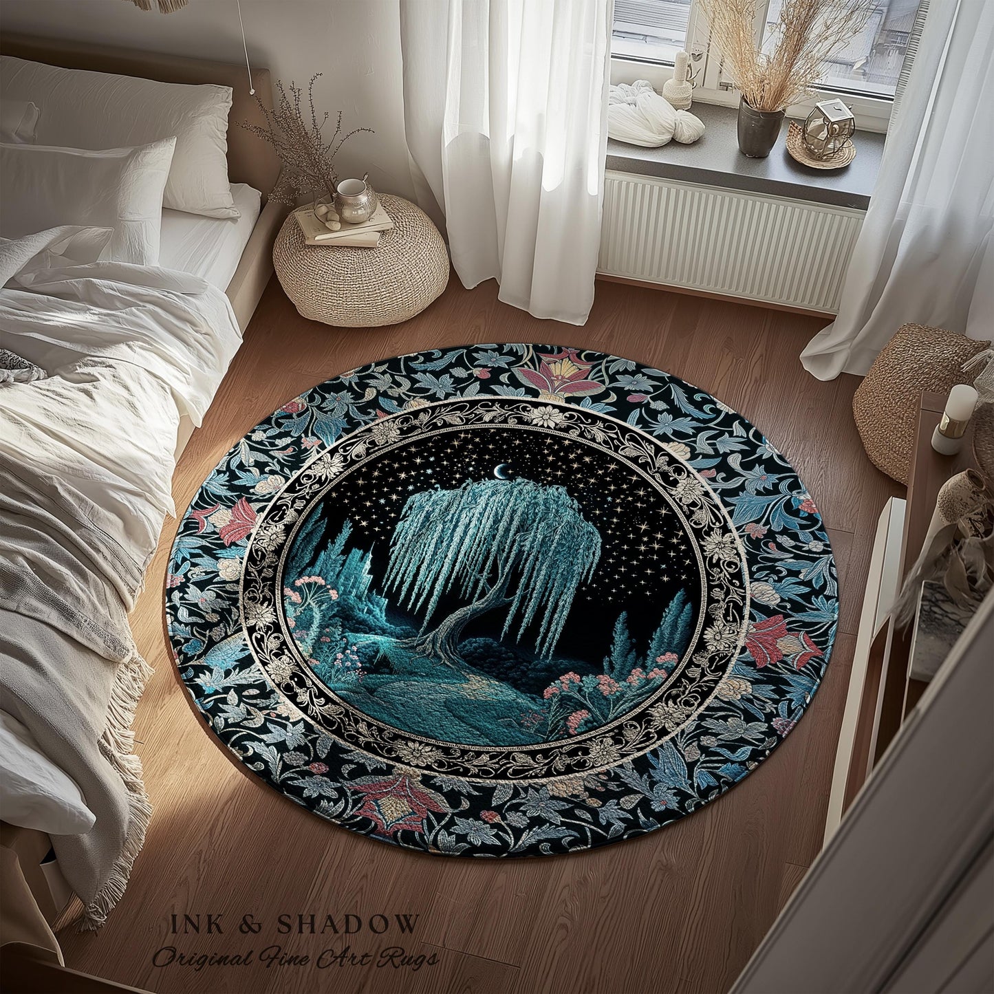 Mystic Weeping Willow Round Accent Rug | Moonlit Castle Moody Starry Night Woodland Folklore Fantasy Dark Academia Dreamy Style Home Decor
