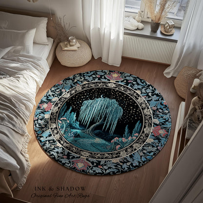 Mystic Weeping Willow Round Accent Rug | Moonlit Castle Moody Starry Night Woodland Folklore Fantasy Dark Academia Dreamy Style Home Decor