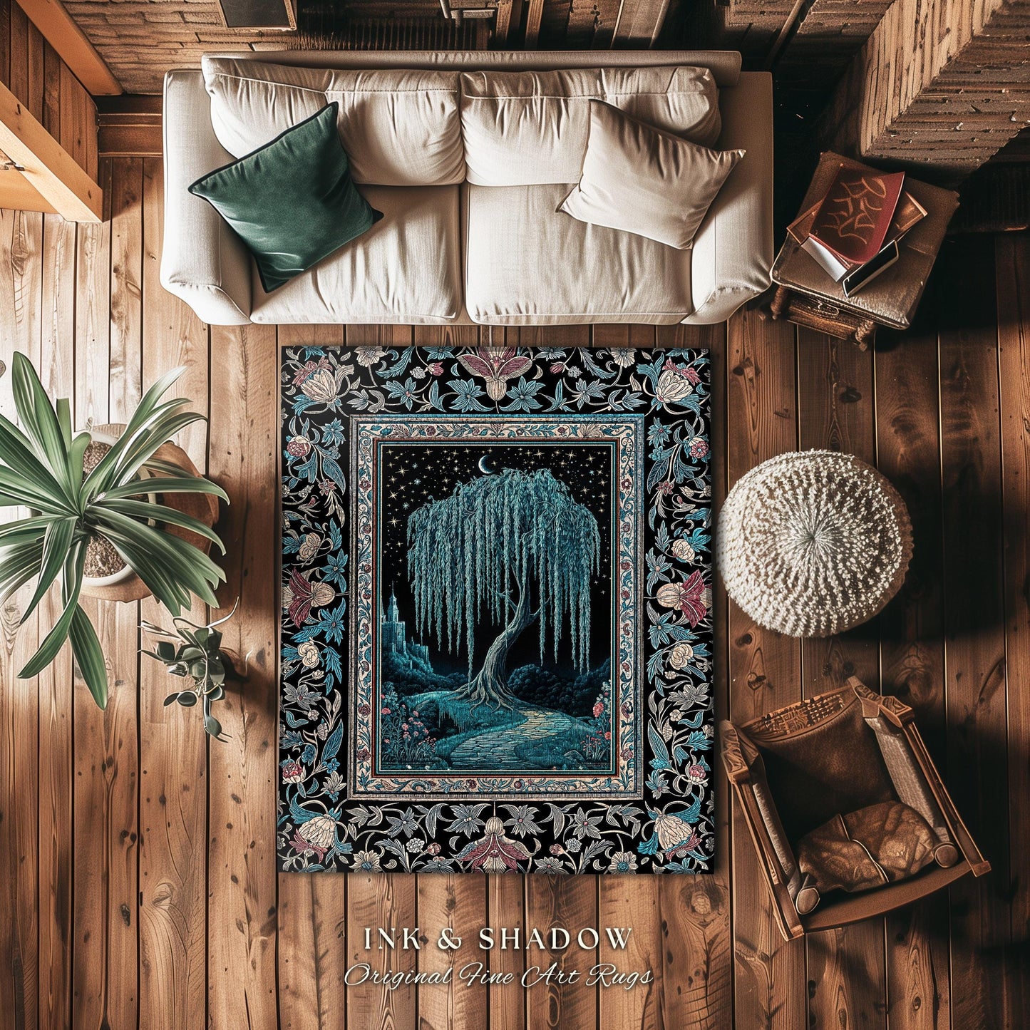 Mystic Weeping Willow Round Accent Rug | Moonlit Castle Moody Starry Night Woodland Folklore Fantasy Dark Academia Dreamy Style Home Decor