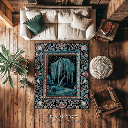 Mystic Weeping Willow Whimsical Runner Rug | Moody Moonlit Castle Starry Night Woodland Folklore Fantasy Dark Academia Dreamy Floor Art Mat