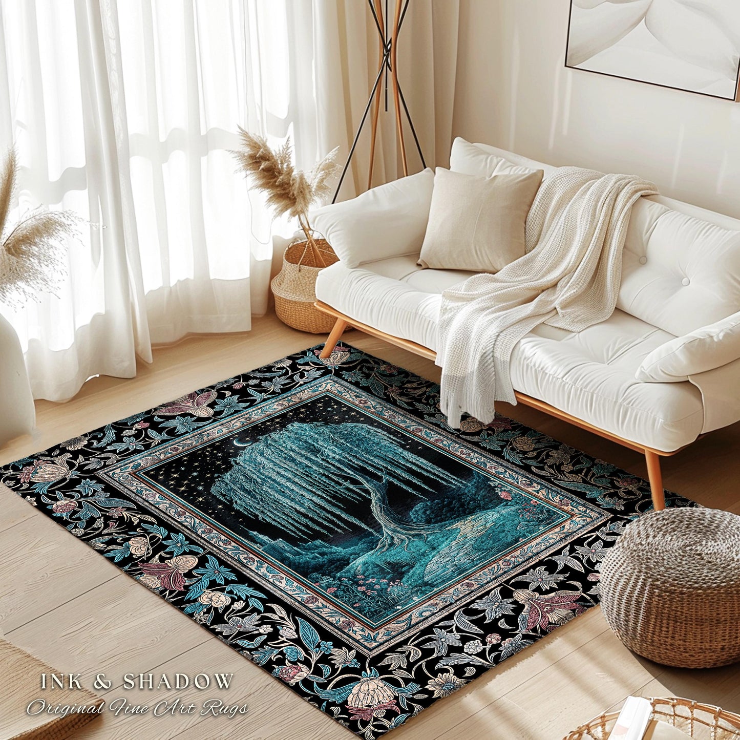 Mystic Weeping Willow Round Accent Rug | Moonlit Castle Moody Starry Night Woodland Folklore Fantasy Dark Academia Dreamy Style Home Decor
