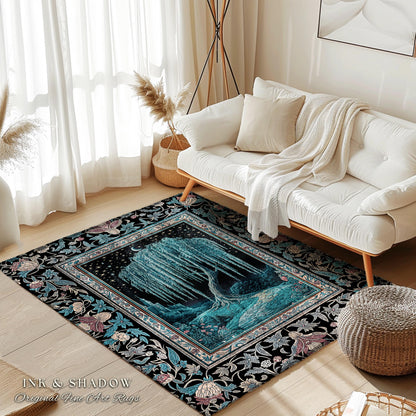 Mystic Weeping Willow Round Accent Rug | Moonlit Castle Moody Starry Night Woodland Folklore Fantasy Dark Academia Dreamy Style Home Decor