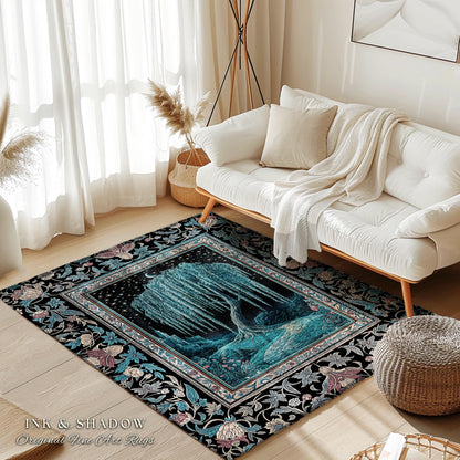 Mystic Weeping Willow Whimsical Runner Rug | Moody Moonlit Castle Starry Night Woodland Folklore Fantasy Dark Academia Dreamy Floor Art Mat