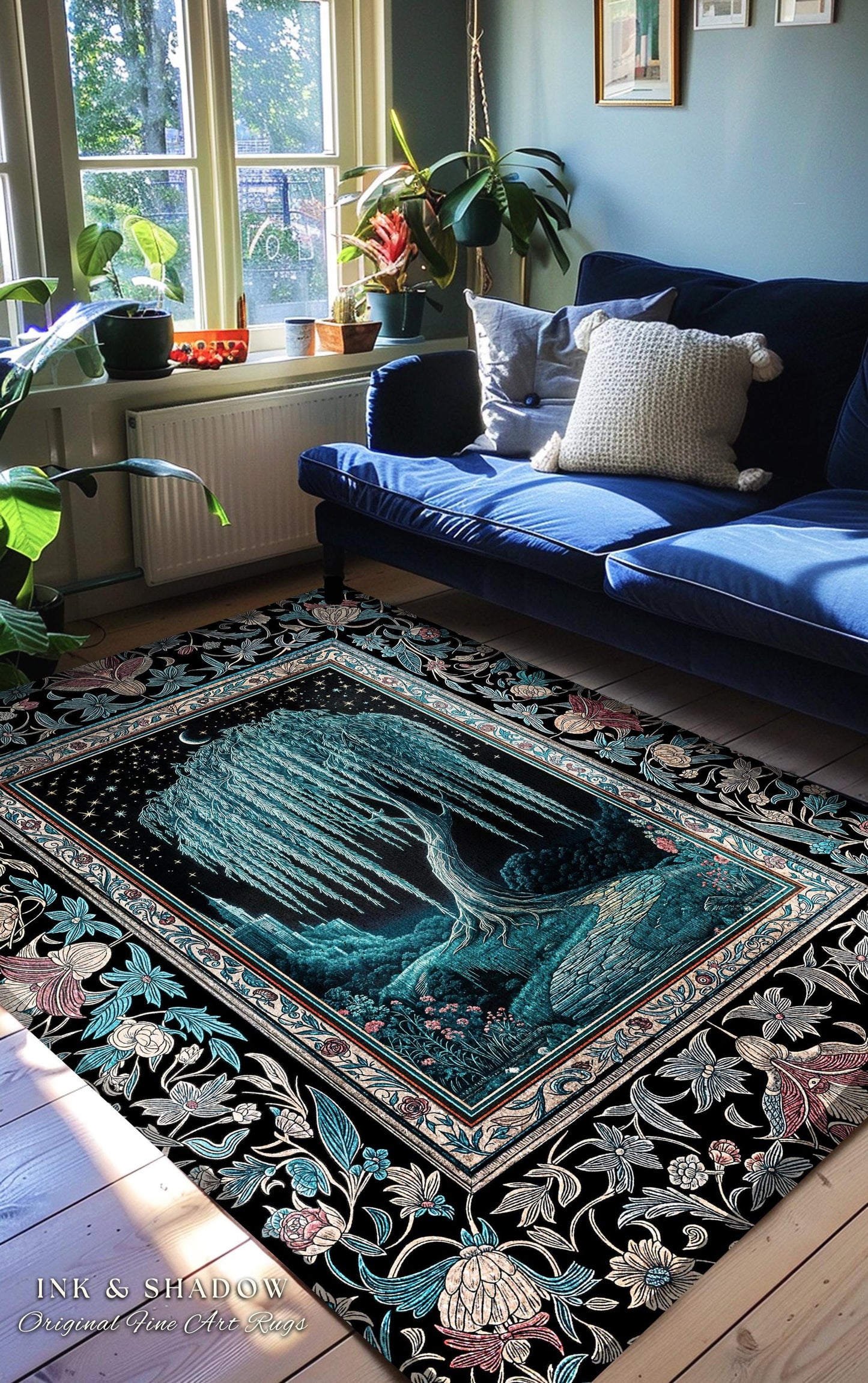 Mystic Weeping Willow Round Accent Rug | Moonlit Castle Moody Starry Night Woodland Folklore Fantasy Dark Academia Dreamy Style Home Decor