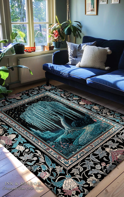 Mystic Weeping Willow Round Accent Rug | Moonlit Castle Moody Starry Night Woodland Folklore Fantasy Dark Academia Dreamy Style Home Decor