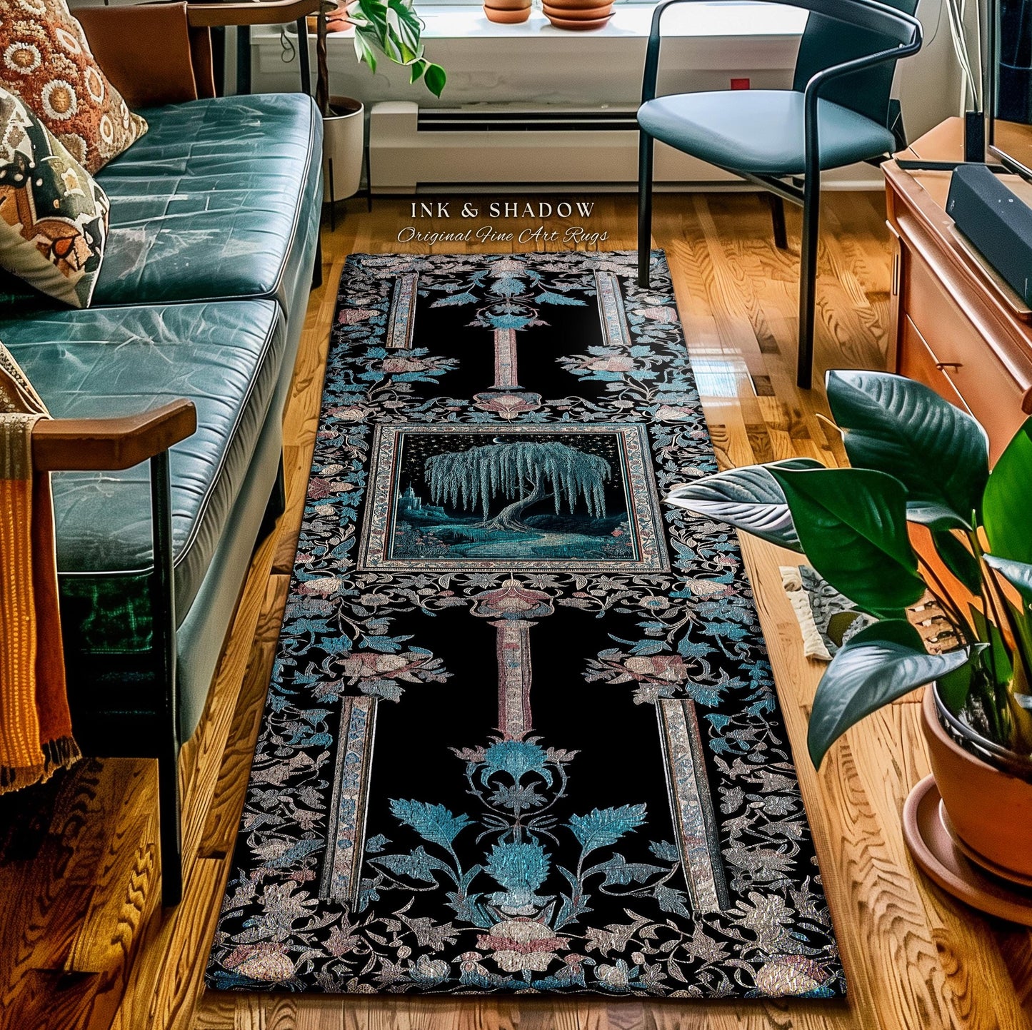 Mystic Weeping Willow Round Accent Rug | Moonlit Castle Moody Starry Night Woodland Folklore Fantasy Dark Academia Dreamy Style Home Decor