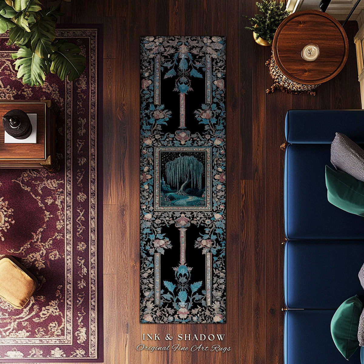 Mystic Weeping Willow Whimsical Runner Rug | Moody Moonlit Castle Starry Night Woodland Folklore Fantasy Dark Academia Dreamy Floor Art Mat