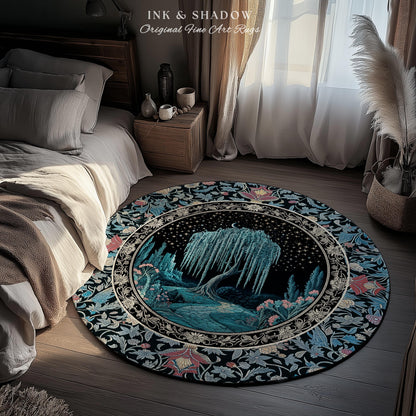 Mystic Weeping Willow Round Accent Rug | Moonlit Castle Moody Starry Night Woodland Folklore Fantasy Dark Academia Dreamy Style Home Decor