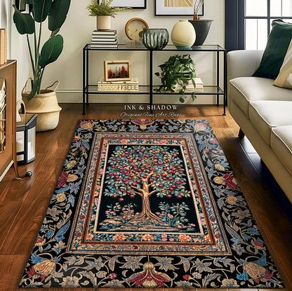 May include: A rectangular area rug with a black background and a central tree design laden with red fruit. The rug features a detailed border with floral and leaf patterns, and the text "INK & SHADOW Original Fine Art Rugs".
