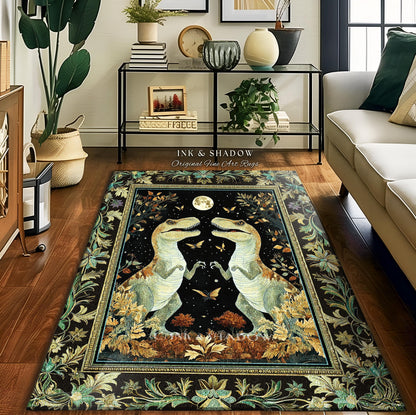 May include: A rectangular area rug with a black background featuring two dinosaurs facing each other under a full moon. The rug has a decorative border with floral and leaf patterns in shades of green, gold, and brown. The text "INK & SHADOW Original Fine Art Rugs" is visible.