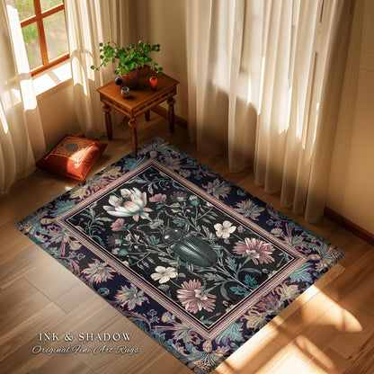 Witchy Whimsigothic Scarab Beetle Rug Enchanted Dark Academia Decor, Mystical Floral Art Victorian Gothic Cottagecore Bug Botanical Accent
