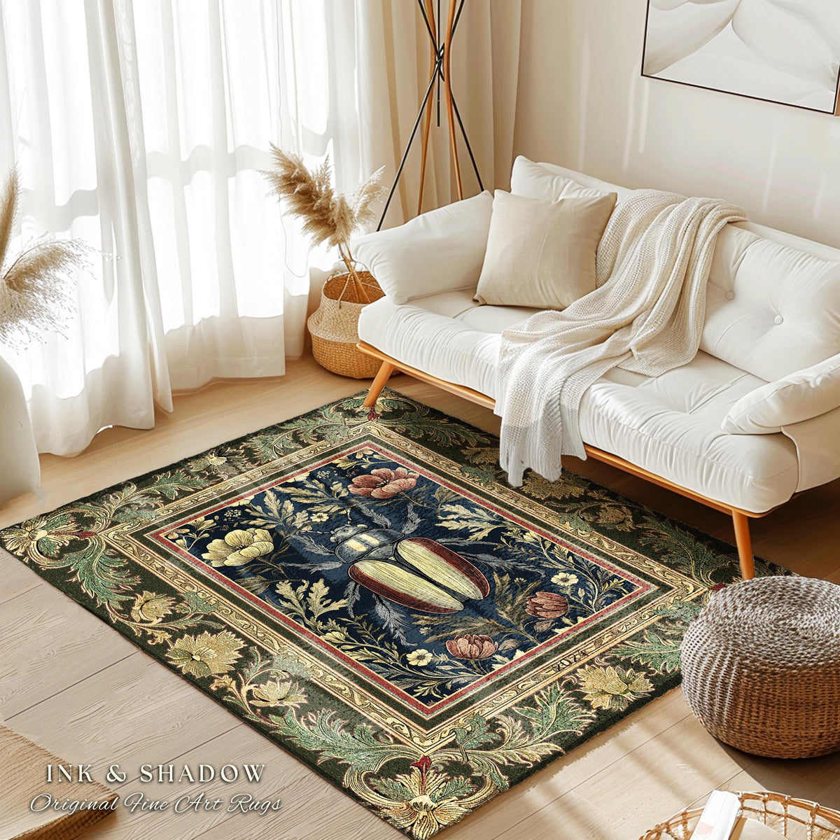 Dark Botanical Woodland Gothic Rug Vintage Aesthetic Victorian Beetle Floral Whimsigoth Decor | Witchy Dark Academia Forestcore Bug Art Rug