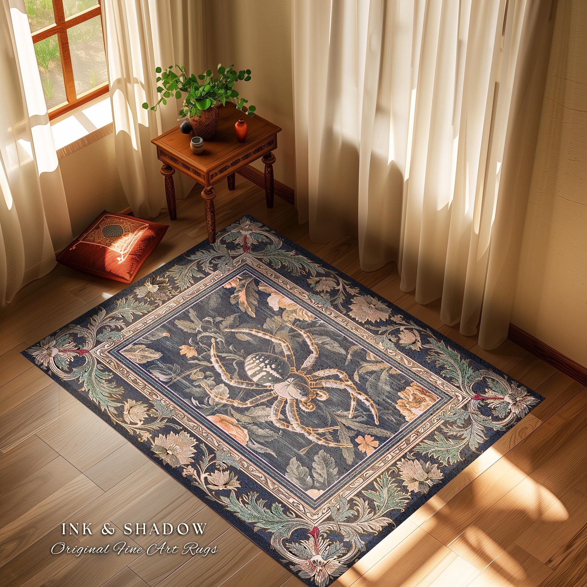 Victorian Gothic Spider Rug Dark Academia Botanical Goblincore Decor, Whimsical French Baroque Enchanted Forestcore Art Aesthetic Accent Art