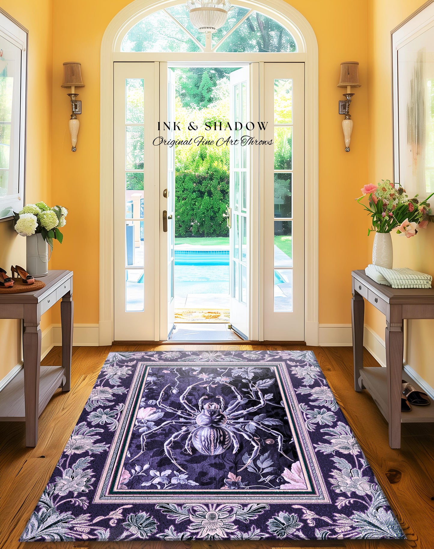 Whimsigothic Purple Spider Rug | Pastel Gothic Victorian Cottagecore Home Decor Witchy Whimsical Enchanted Nature Amethyst Home Accent |
