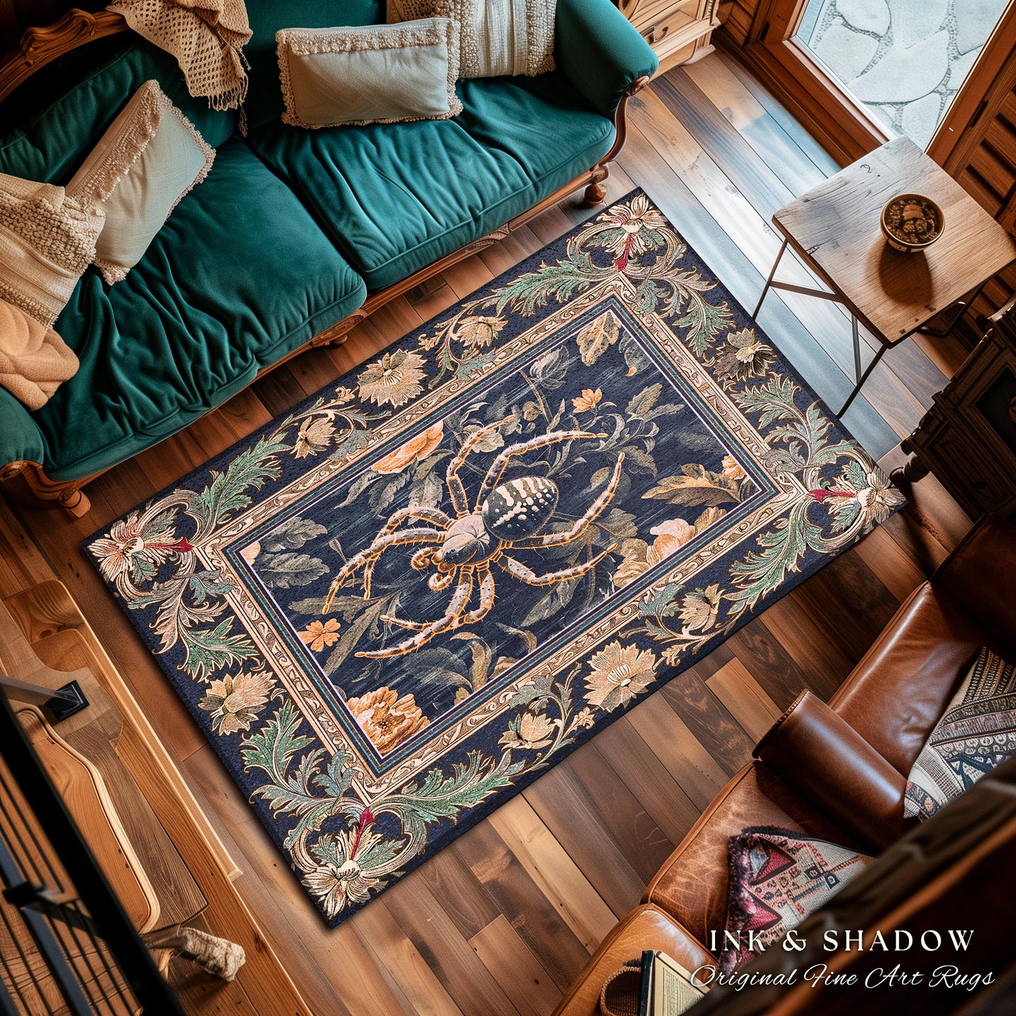 Victorian Gothic Spider Rug Dark Academia Botanical Goblincore Decor, Whimsical French Baroque Enchanted Forestcore Art Aesthetic Accent Art