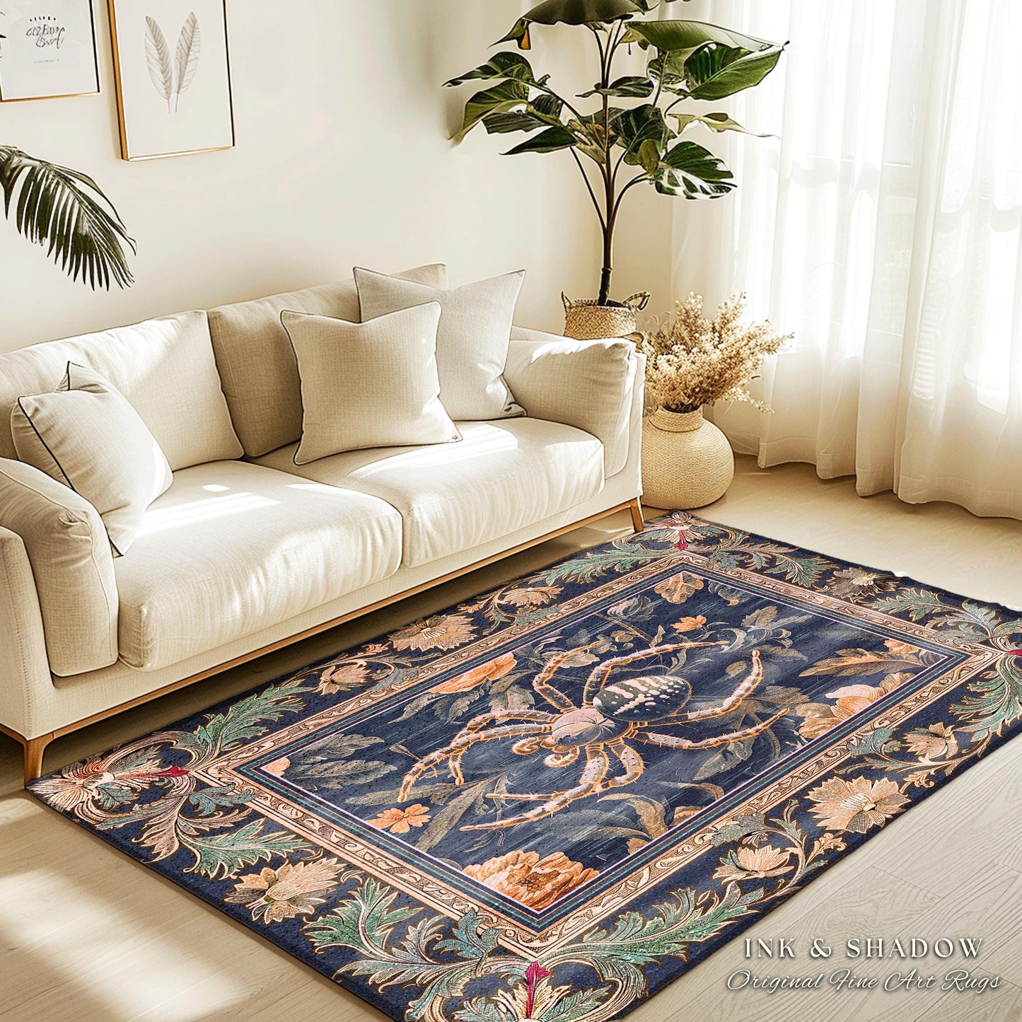 Victorian Gothic Spider Rug Dark Academia Botanical Goblincore Decor, Whimsical French Baroque Enchanted Forestcore Art Aesthetic Accent Art