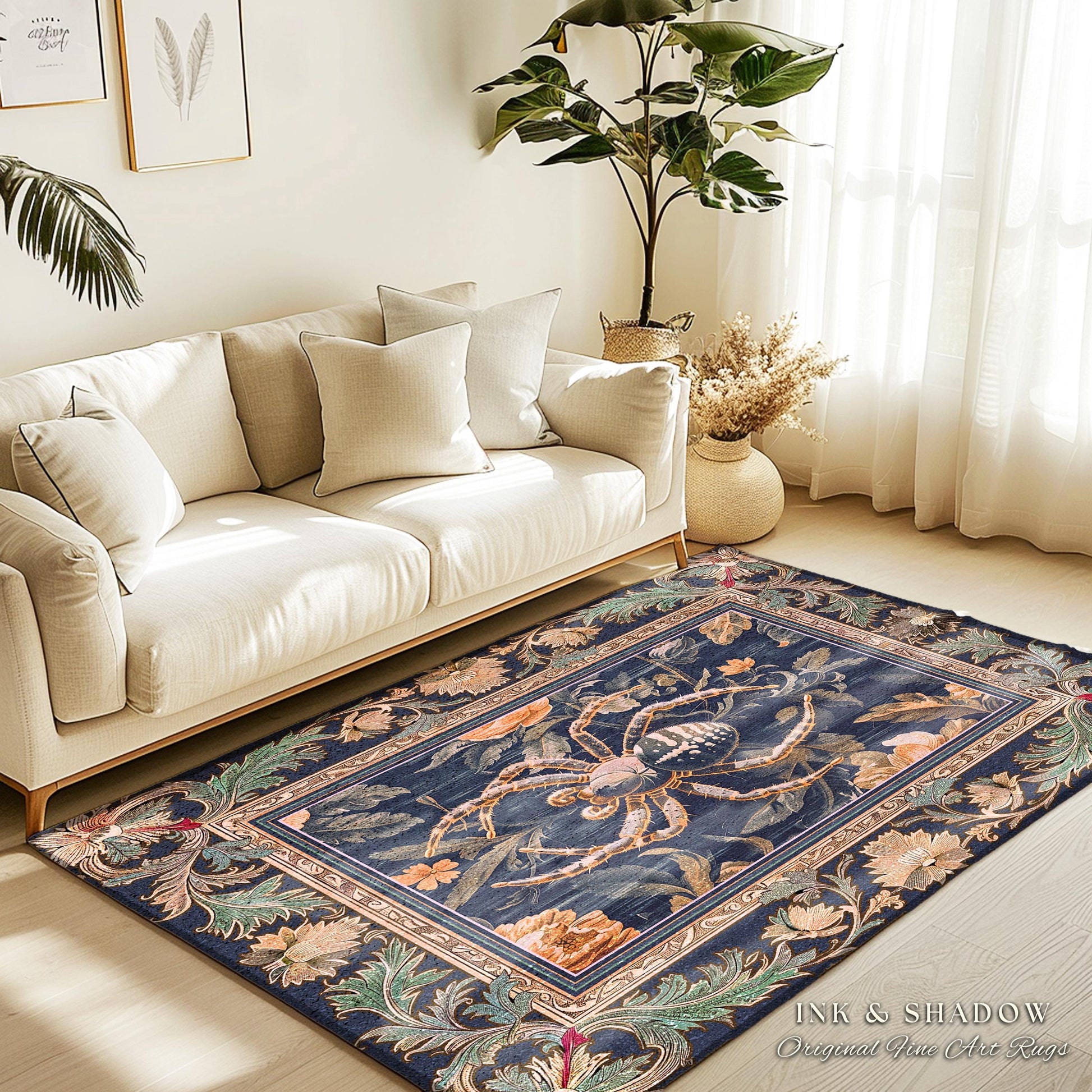 Victorian Gothic Spider Rug Dark Academia Botanical Goblincore Decor, Whimsical French Baroque Enchanted Forestcore Art Aesthetic Accent Art