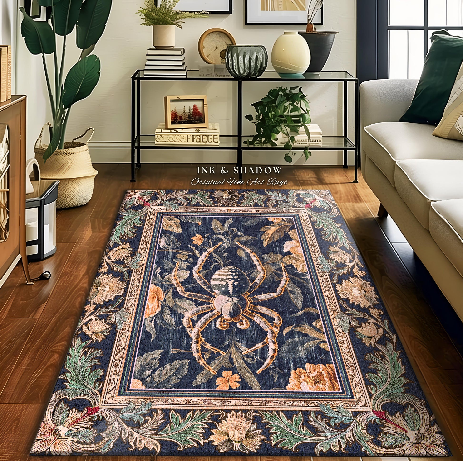 Victorian Gothic Spider Rug Dark Academia Botanical Goblincore Decor, Whimsical French Baroque Enchanted Forestcore Art Aesthetic Accent Art