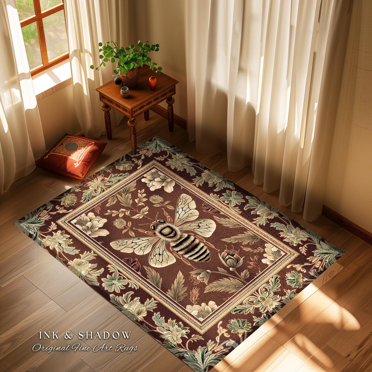 Regal Honeybee Rug Baroque Inspired Vintage Floral Insect Art Decor | Medieval Cottagecore Bee Garden Woodland Whimsy Folklore Home Accent