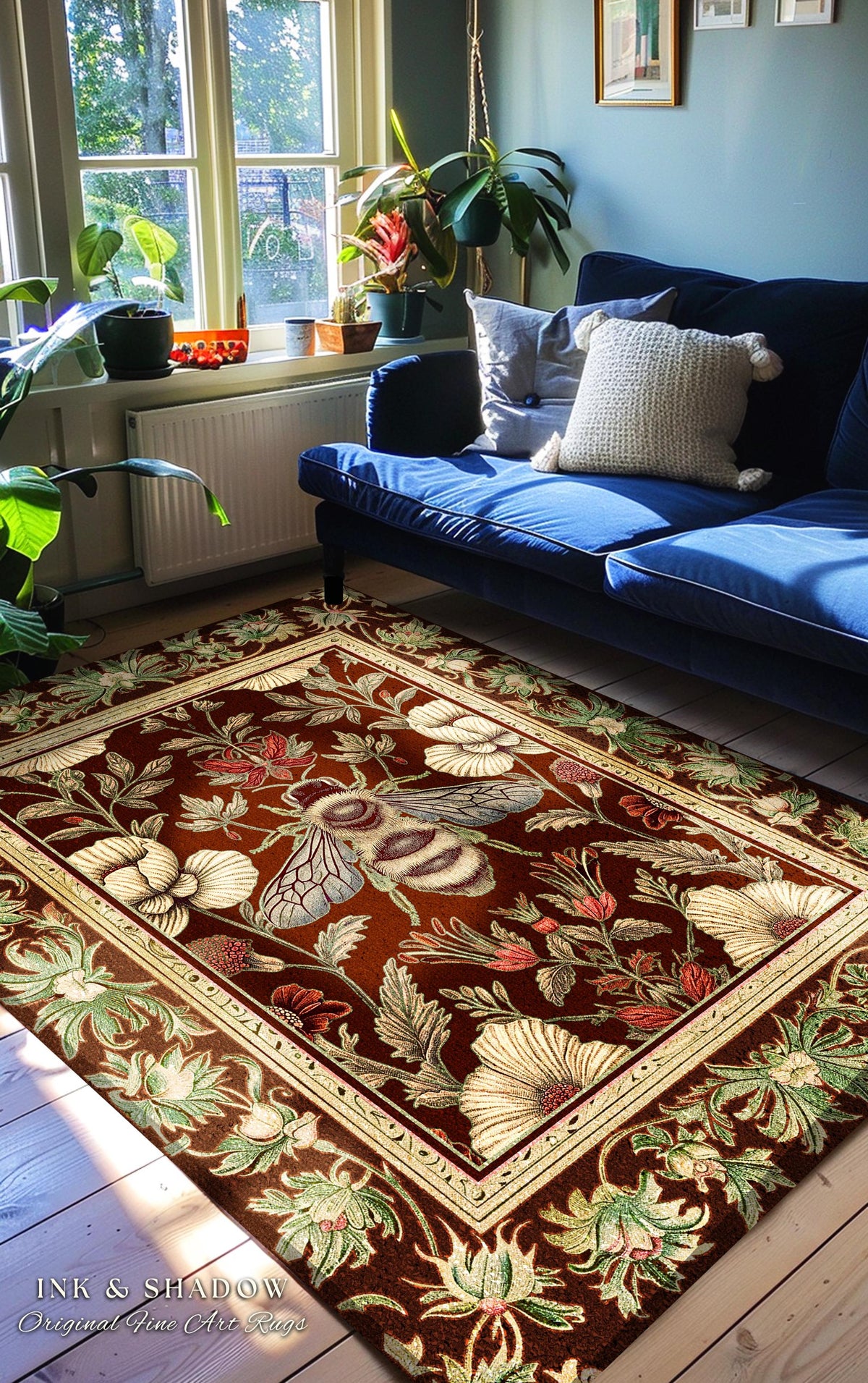 Victorian Gothic Honeybee Rug Enchanted Floral Botanical Bee Art | Romantic Baroque Cottagecore Dark Academia Forestcore Insect Home Decor