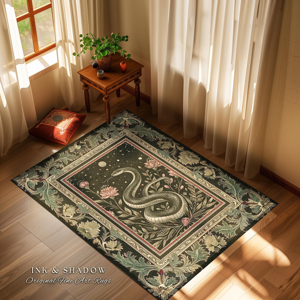 Celestial Serpent Rug Enchanted Floral Gothic Decor | Mystical Moonlit Forest Medieval Snake Art Dark Academia Vintage Baroque Home Accent