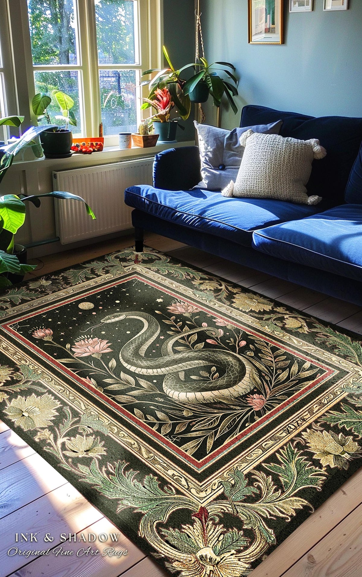 Celestial Serpent Rug Enchanted Floral Gothic Decor | Mystical Moonlit Forest Medieval Snake Art Dark Academia Vintage Baroque Home Accent