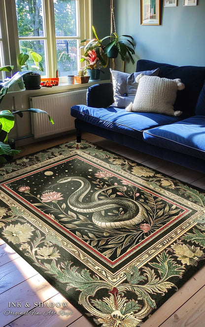 Celestial Serpent Rug Enchanted Floral Gothic Decor | Mystical Moonlit Forest Medieval Snake Art Dark Academia Vintage Baroque Home Accent