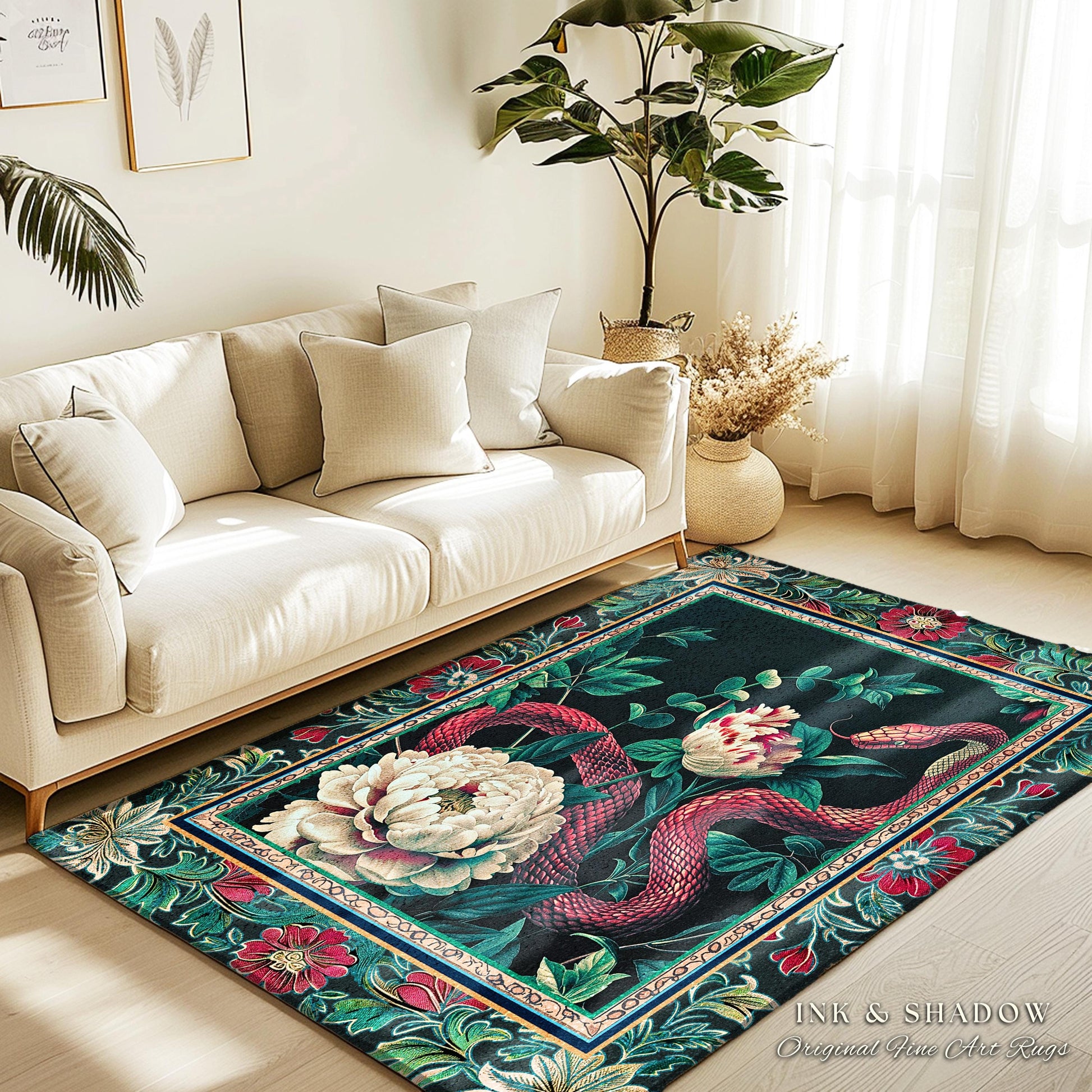 Enchanted Forest Snake Rug Dark Woodland Floral Gothic Decor | Mystical Cottagecore Aesthetic Vintage Serpent Medieval Charm Renaissance Art