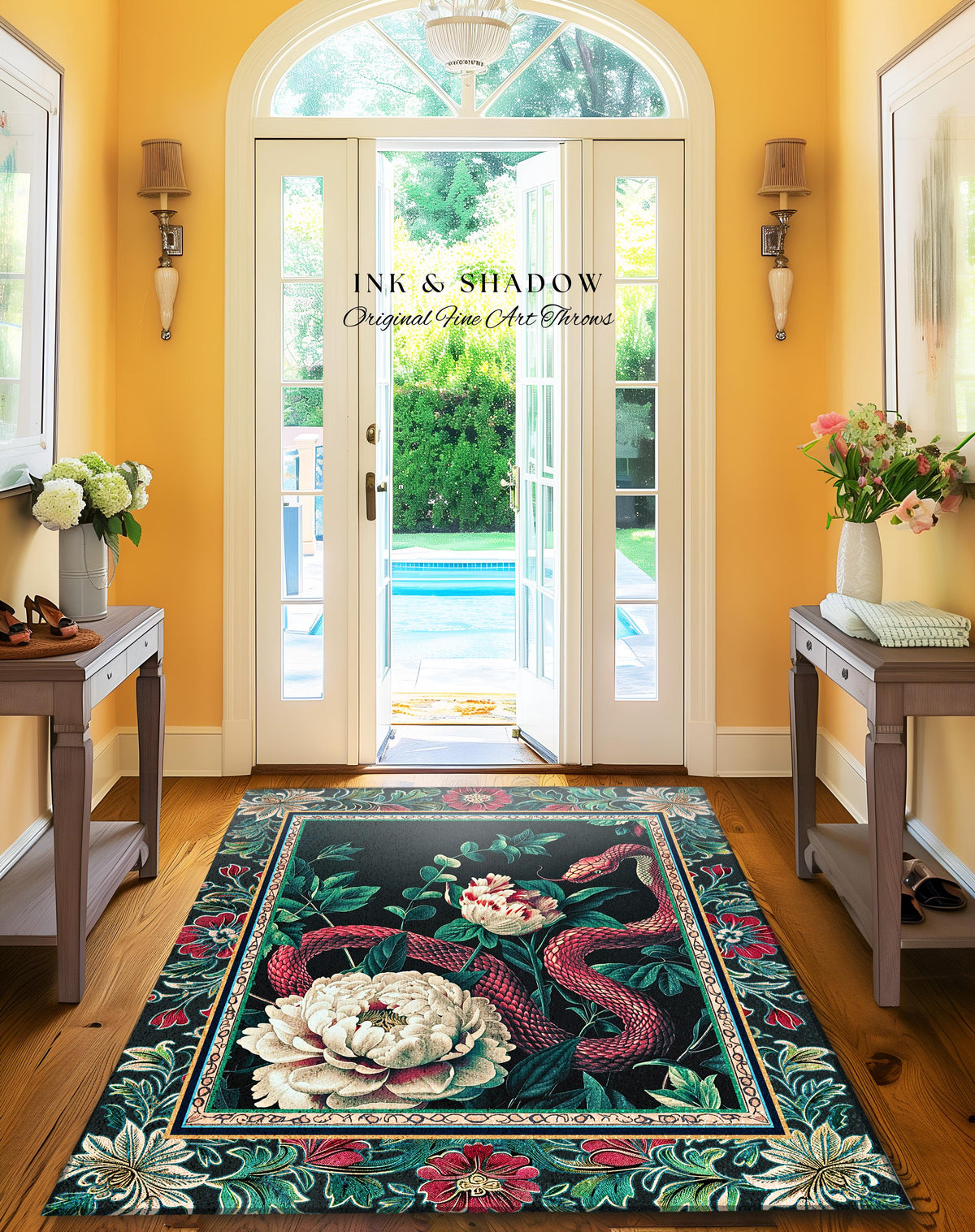 Enchanted Forest Snake Rug Dark Woodland Floral Gothic Decor | Mystical Cottagecore Aesthetic Vintage Serpent Medieval Charm Renaissance Art