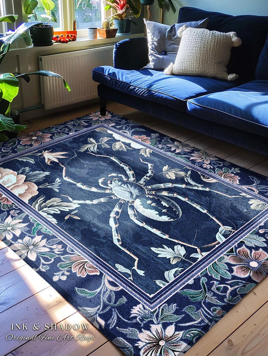 French Baroque Antique Blue Botanical Spider Rug Gothic Victorian Cottagecore Decor | Whimsical Vintage Enchanted Nature Flora Home Accent
