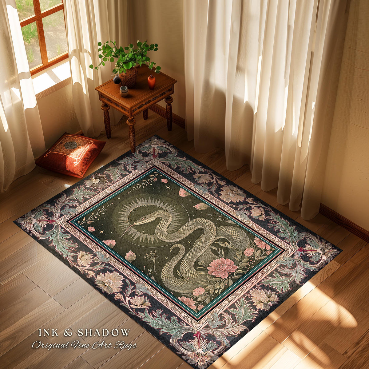 Victorian Rose Serpent Rug Romantic Cottagecore Floral Decor | Enchanted Baroque Snake Art Dark Academia Gothic Pink Fairycore Goblincore