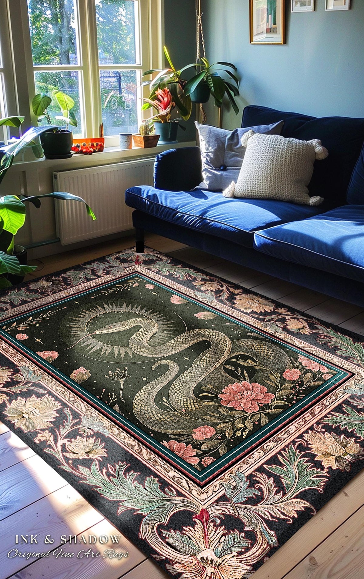 Victorian Rose Serpent Rug Romantic Cottagecore Floral Decor | Enchanted Baroque Snake Art Dark Academia Gothic Pink Fairycore Goblincore