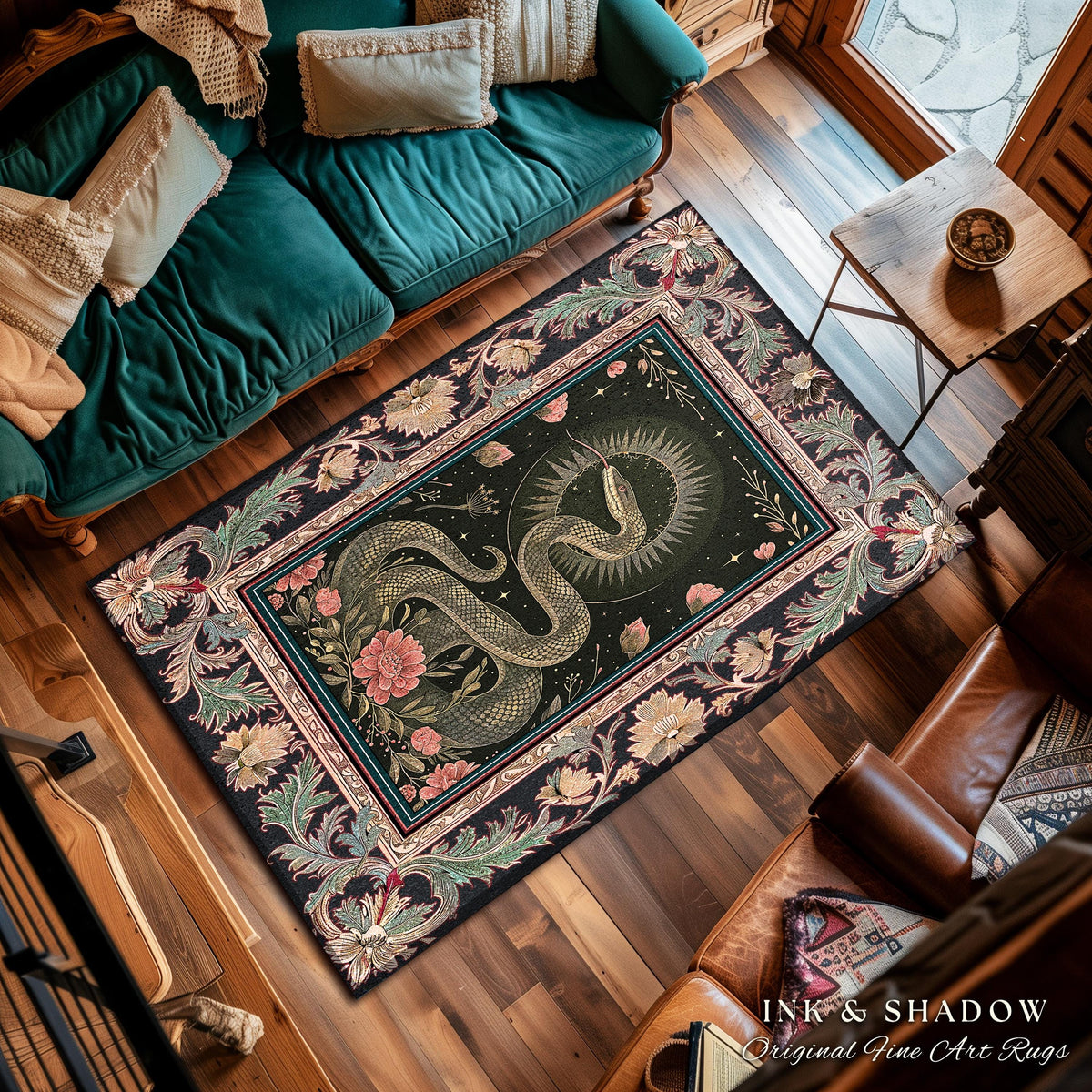 Victorian Rose Serpent Rug Romantic Cottagecore Floral Decor | Enchanted Baroque Snake Art Dark Academia Gothic Pink Fairycore Goblincore