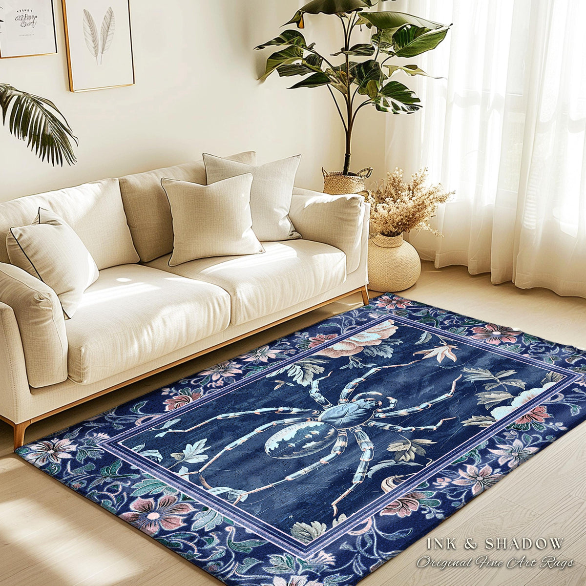 French Baroque Antique Blue Botanical Spider Rug Gothic Victorian Cottagecore Decor | Whimsical Vintage Enchanted Nature Flora Home Accent