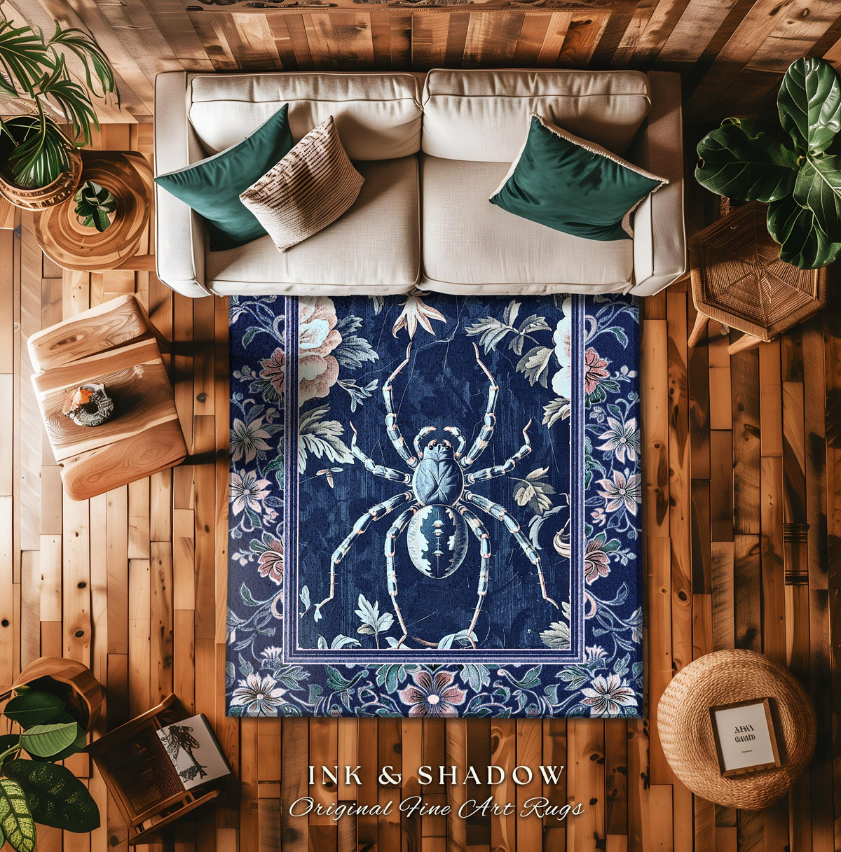 French Baroque Antique Blue Botanical Spider Rug Gothic Victorian Cottagecore Decor | Whimsical Vintage Enchanted Nature Flora Home Accent